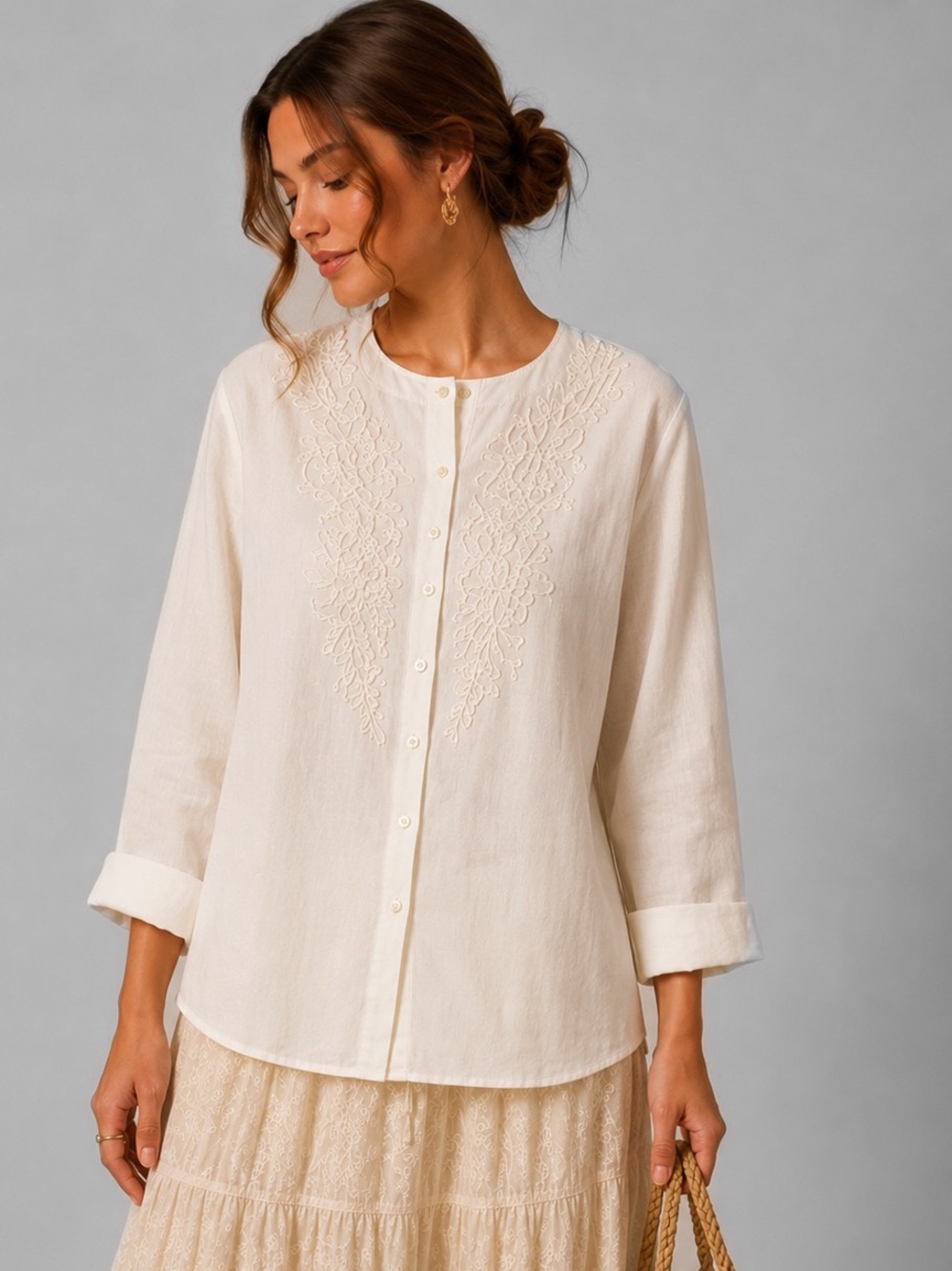 Cream Embroidered Button-Front Blouse - Picture 3 of 14